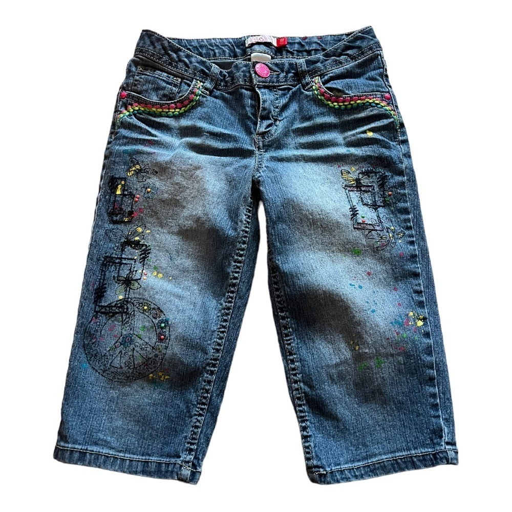 SO Blue Denim Jean Capris With Embroidery and Paint Girls Size 12